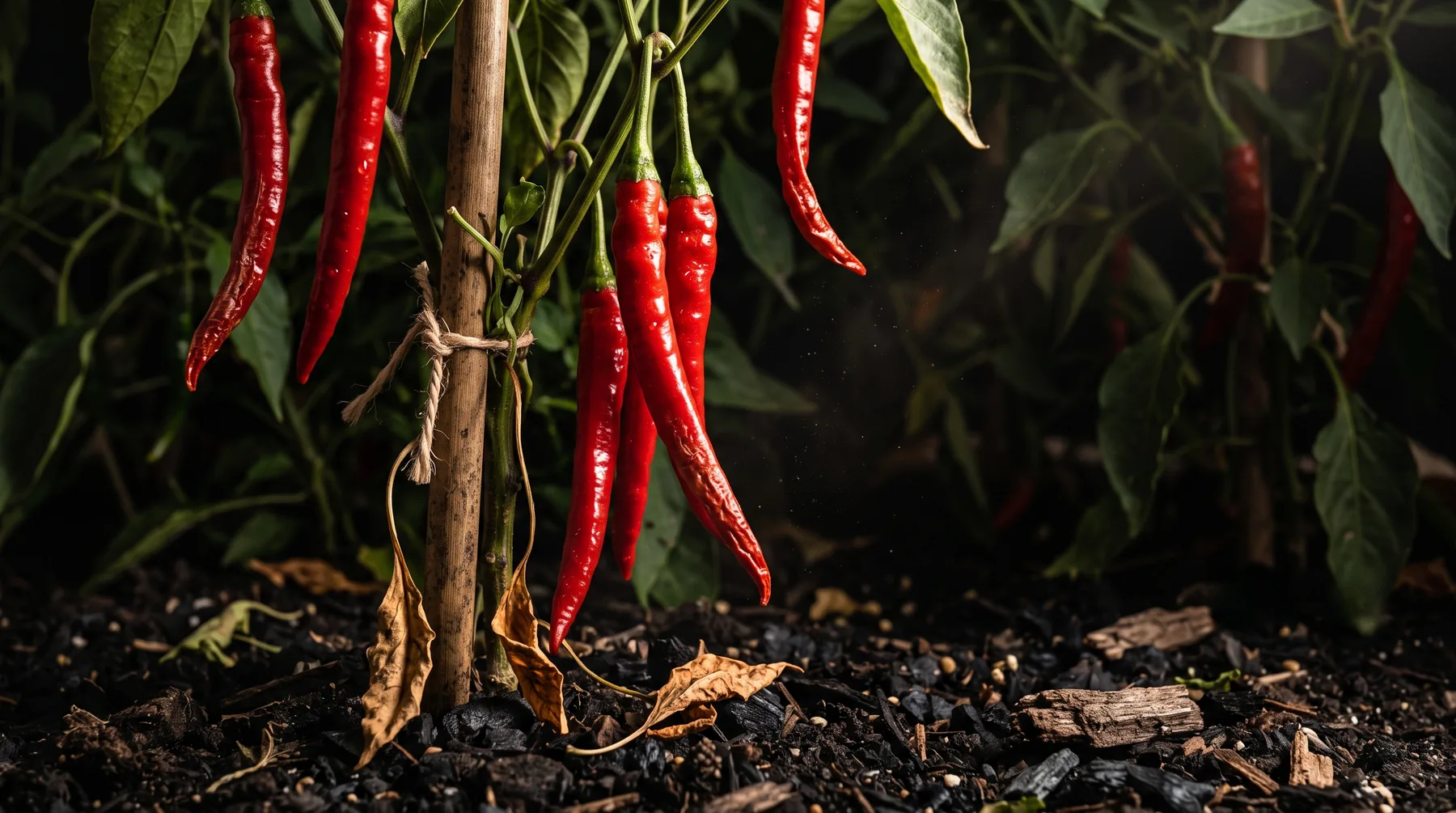 Long slim red cayenne peppers hanging on the plant