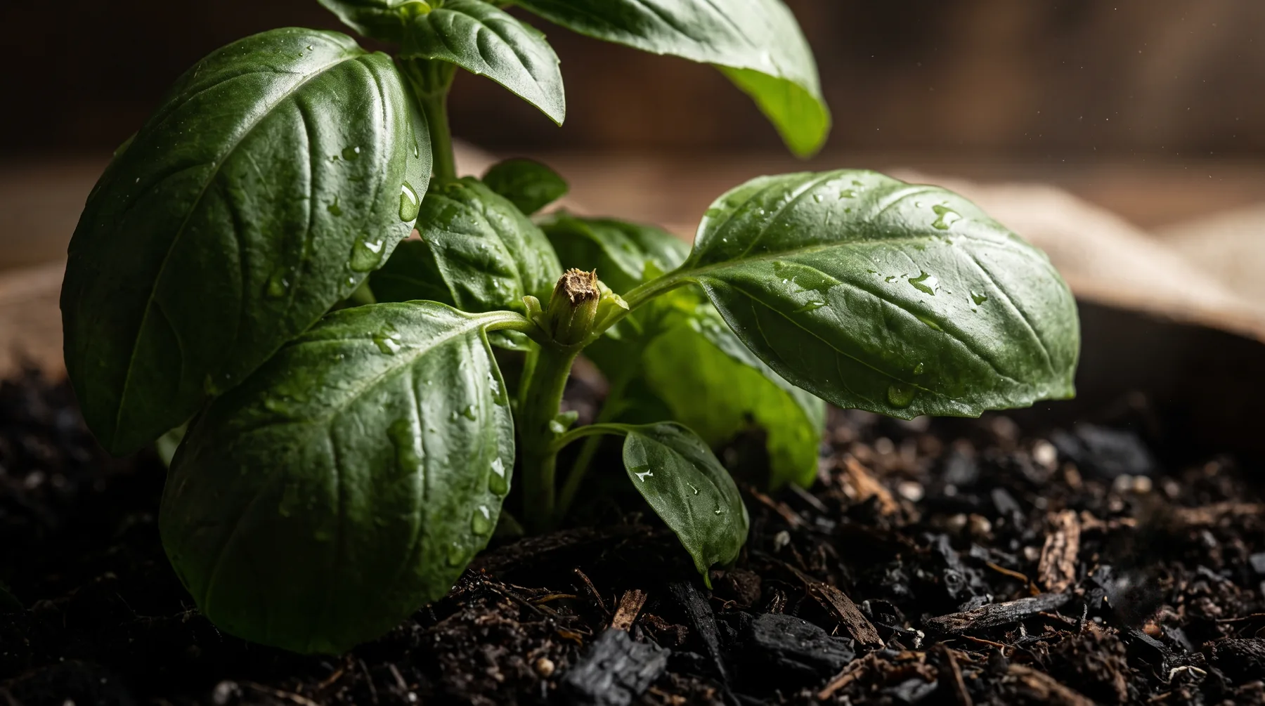 Broad glossy Genovese basil leaves in dense growth