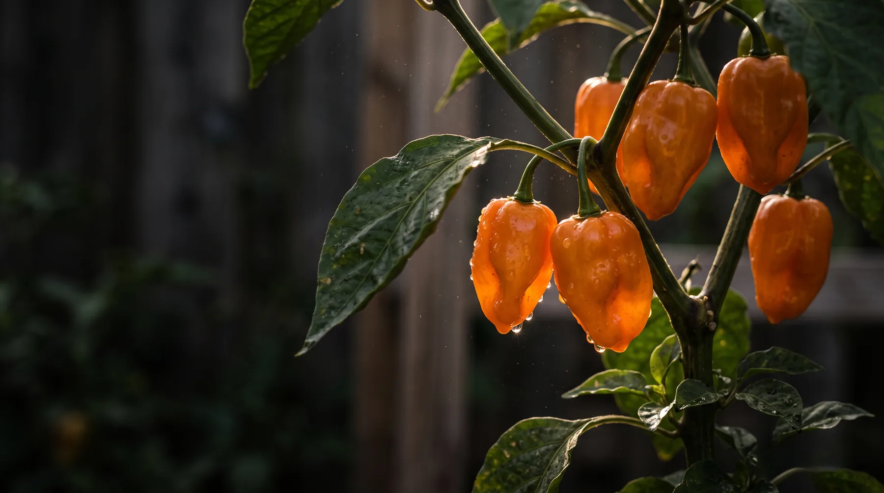 Ripe orange habanero peppers on the plant, backlit