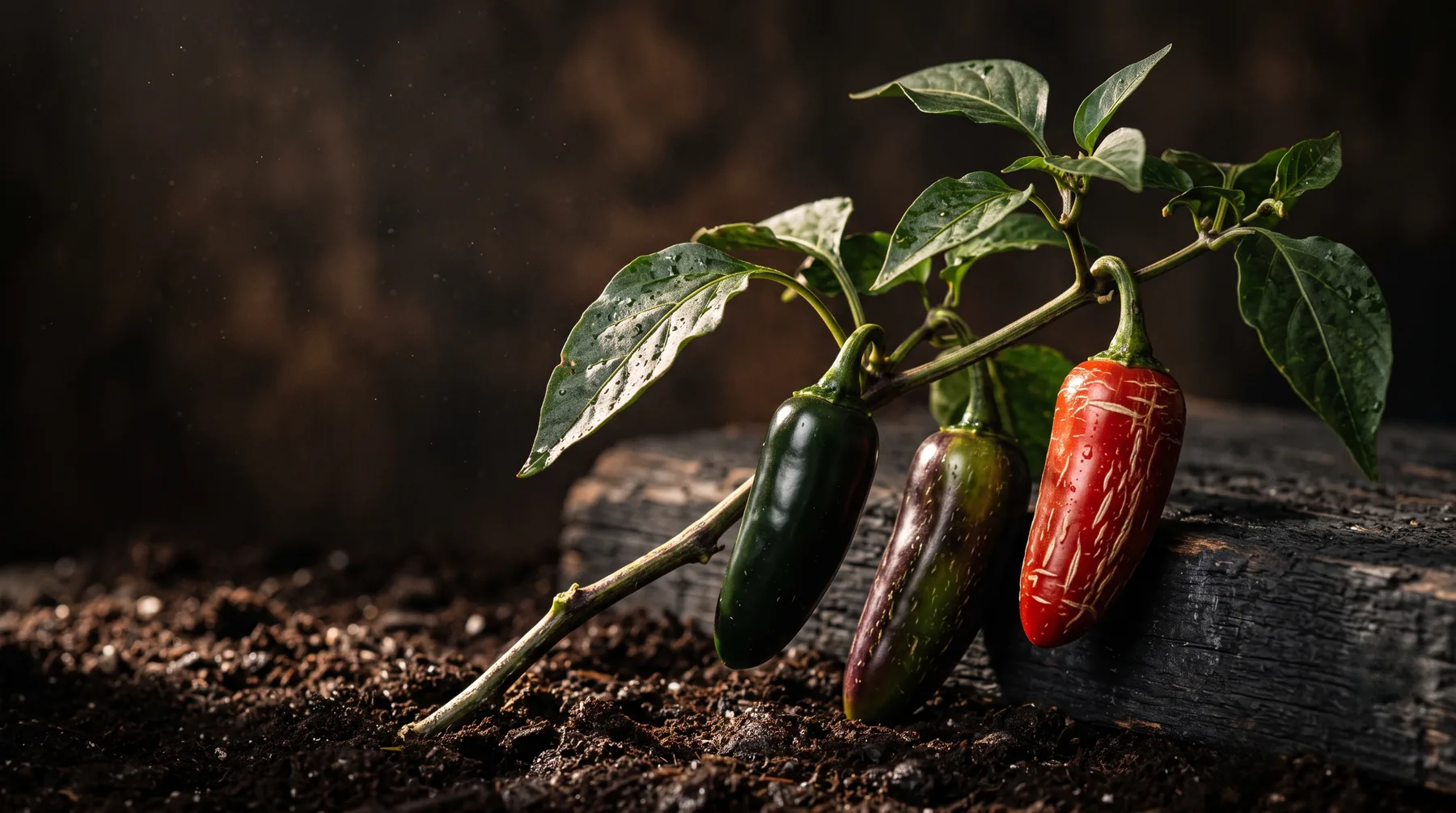 Jalapeño peppers ripening from green to deep red on the plant