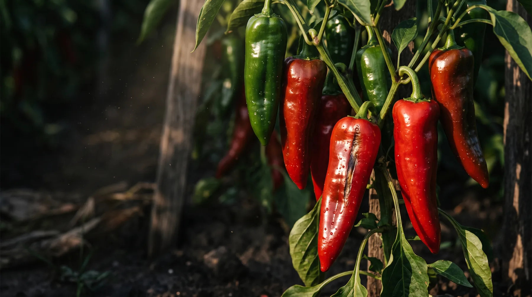Long tapered red Marconi peppers on the plant