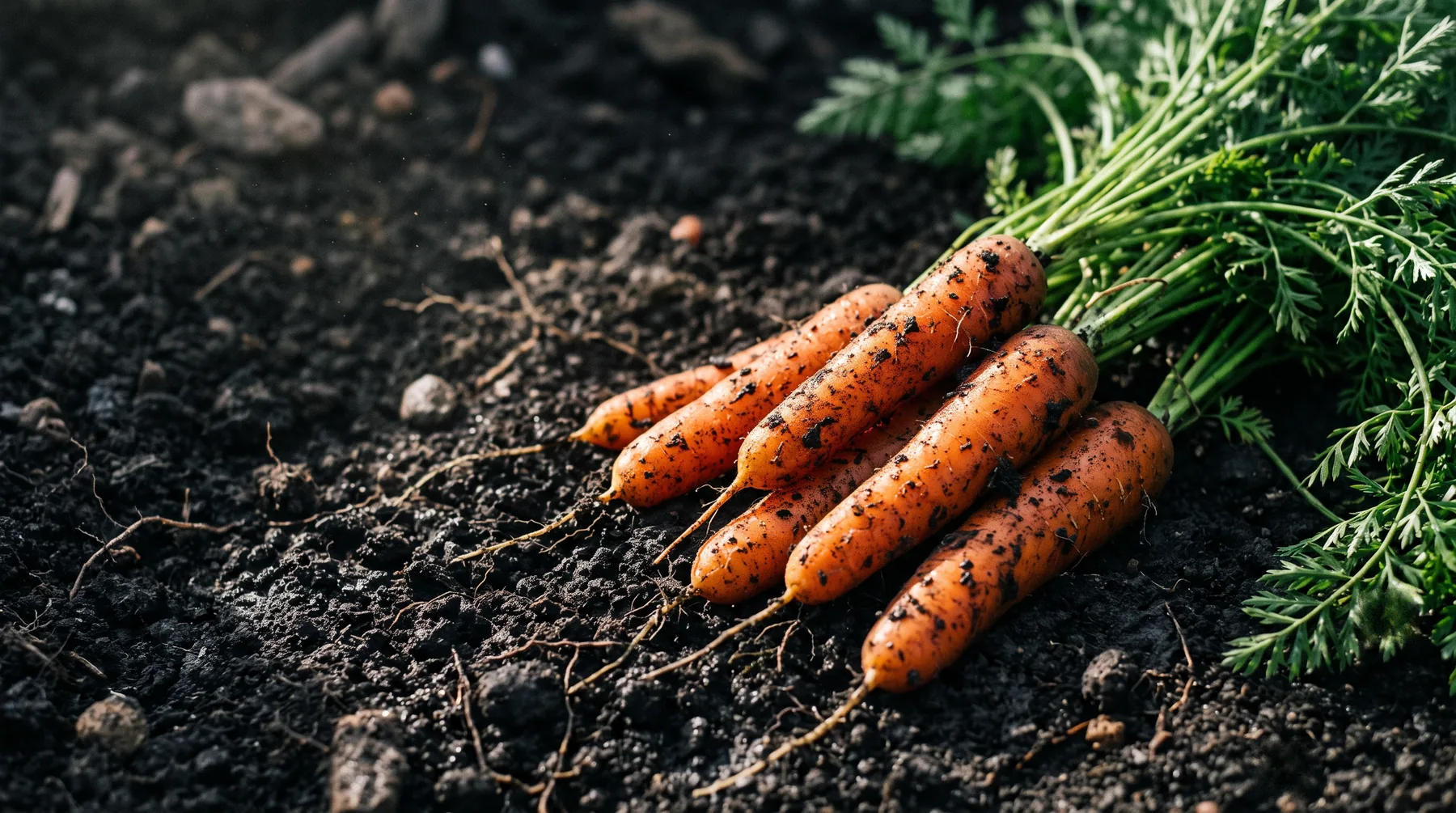 Freshly pulled Scarlet Nantes carrots with soil still on them