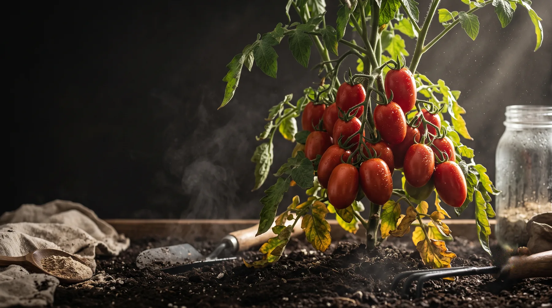 Cluster of ripe Roma paste tomatoes on a determinate plant