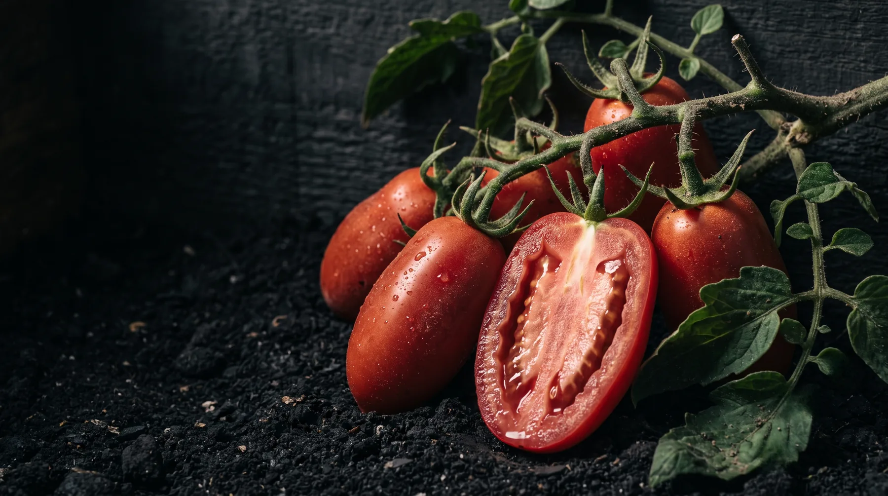 Elongated San Marzano paste tomatoes ripening on the vine