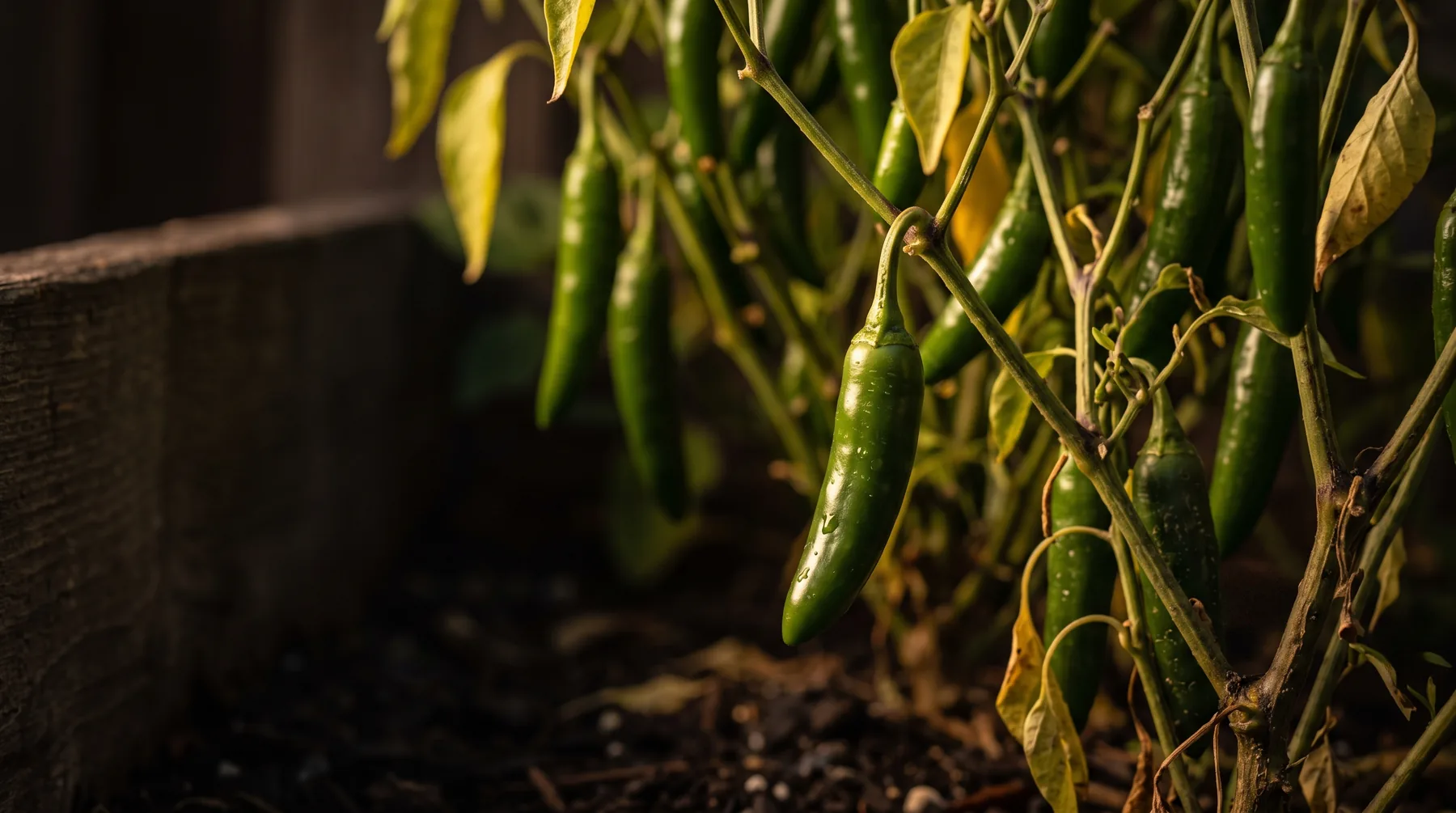 Slim green serrano peppers clustered on the plant