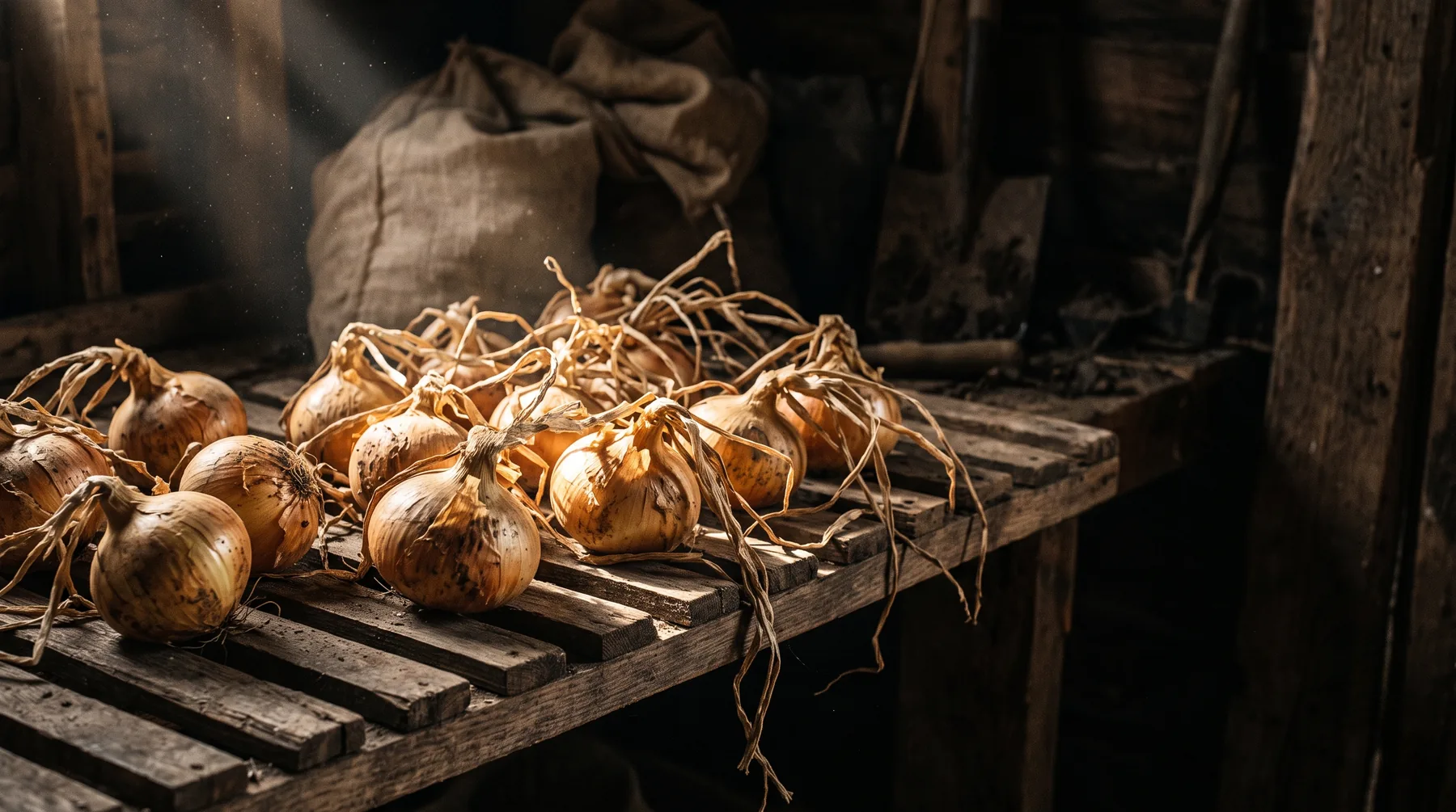 Yellow Spanish onions curing with dried tops