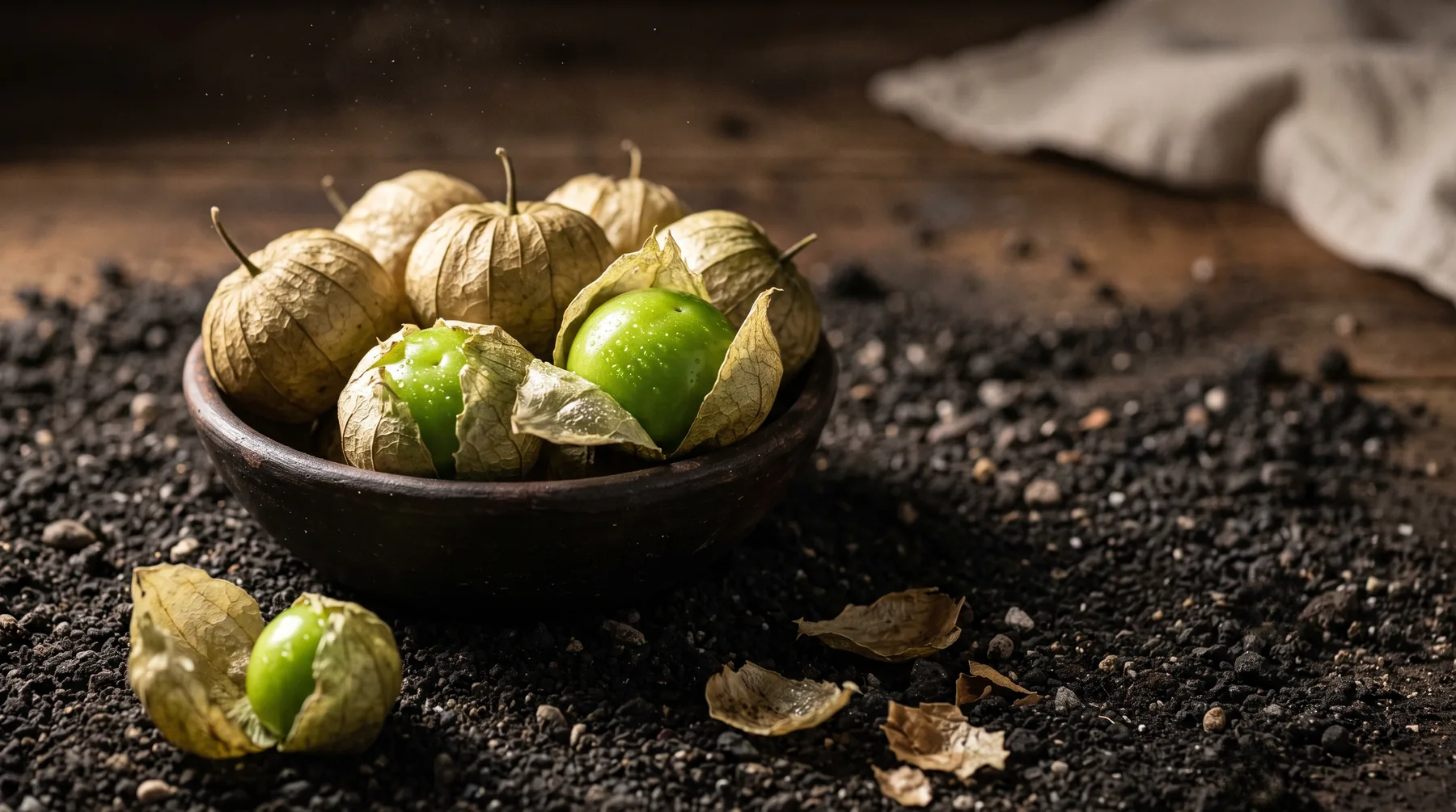 Green tomatillos in split papery husks on the plant