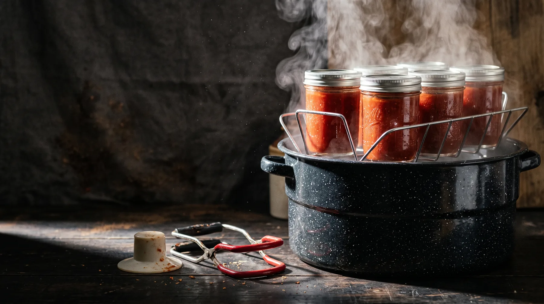 A water bath canner with jars on a rack beside canning tools and lids