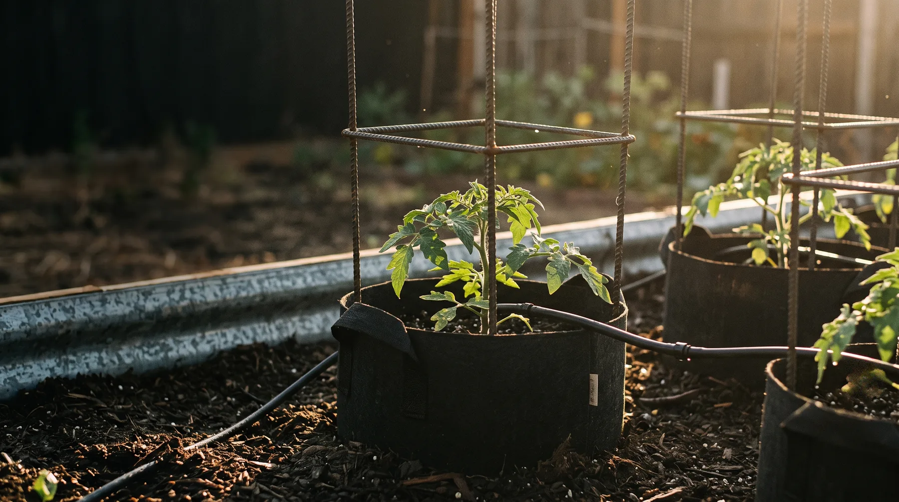 Fabric grow bags and a galvanized raised bed planted with staked tomatoes