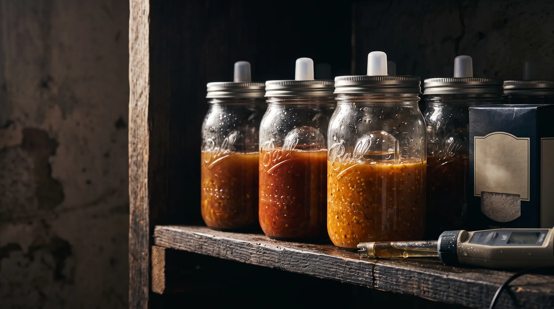 Fermentation jars with airlocks and glass weights holding chile mash under brine
