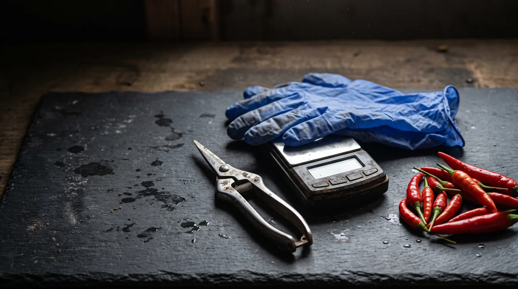 Harvest snips, nitrile gloves and a digital scale beside a basket of chiles