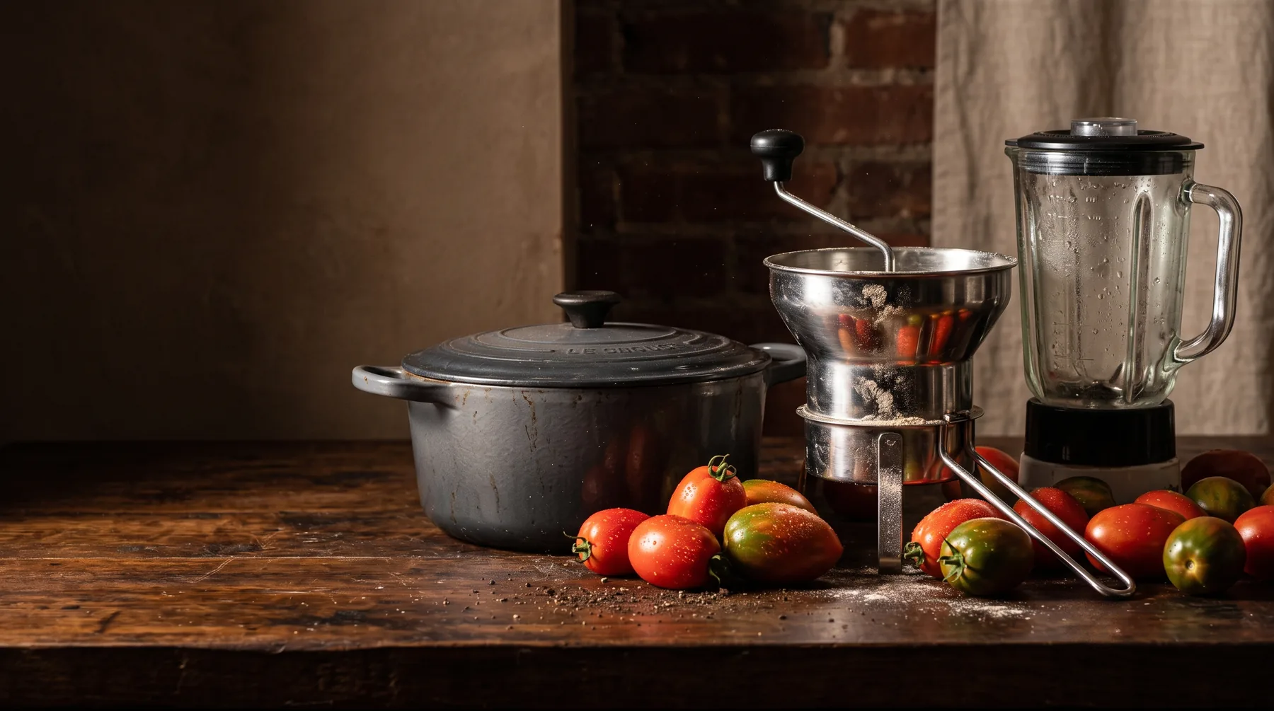 An enamelled Dutch oven, food mill and blender on a kitchen counter with tomatoes