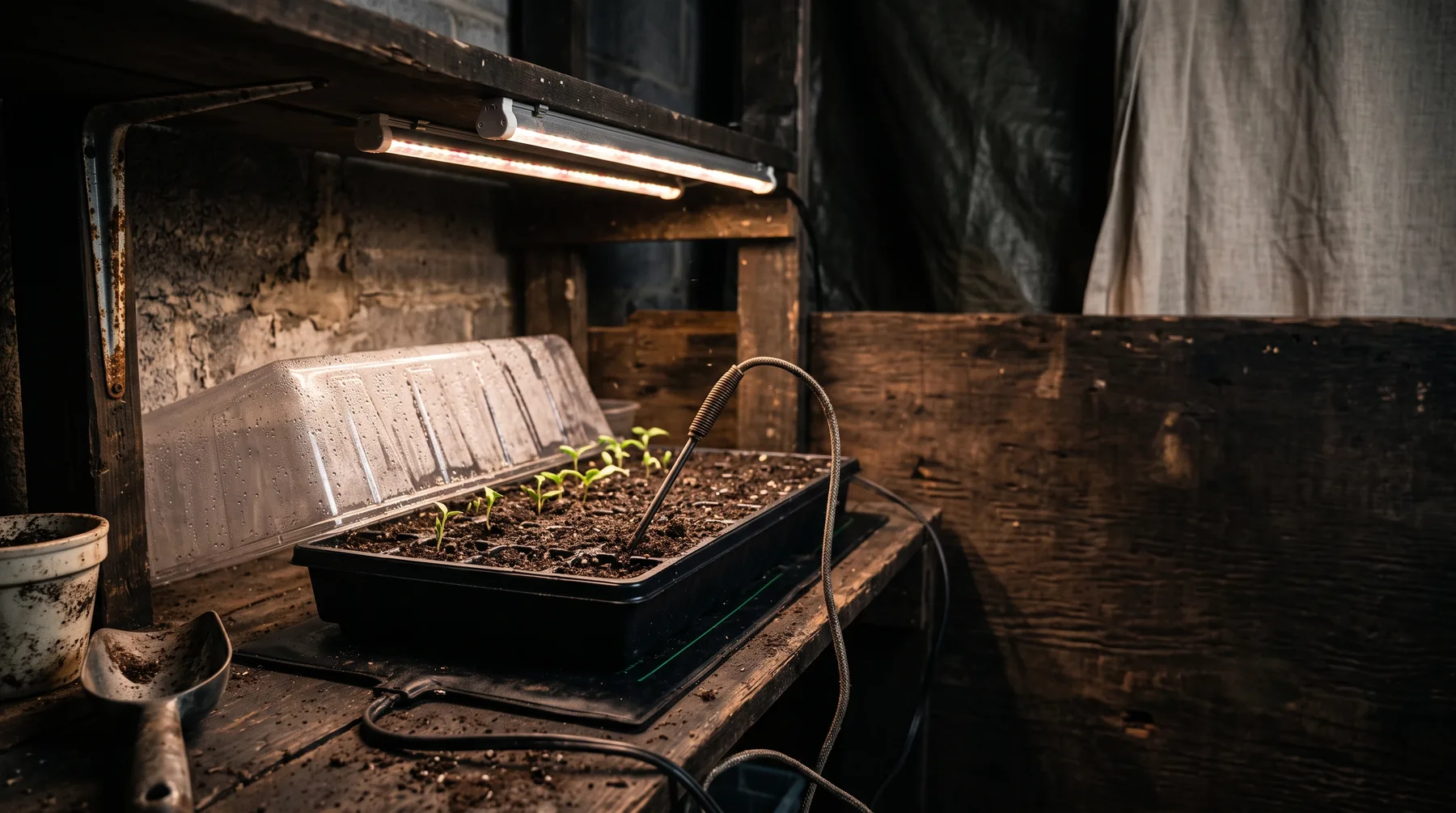 Seed trays under LED grow lights on a heat mat with a humidity dome