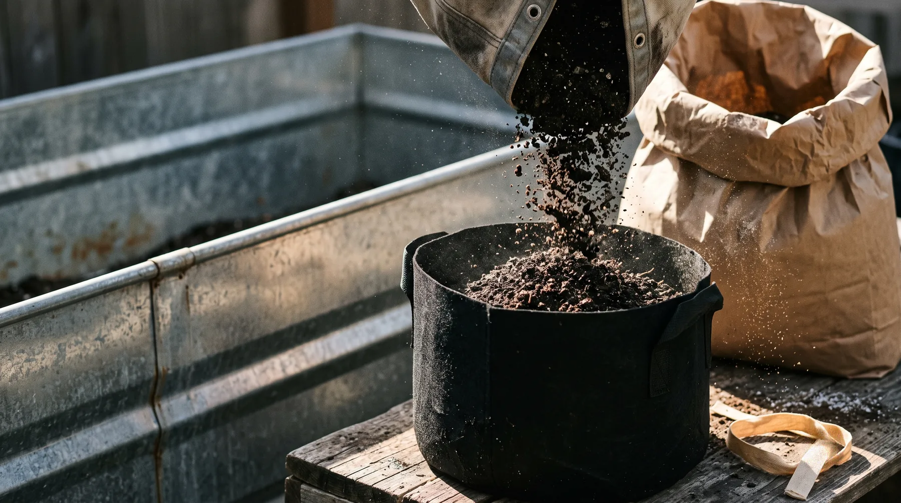 Fabric grow bags being filled with dark potting mix beside a raised bed