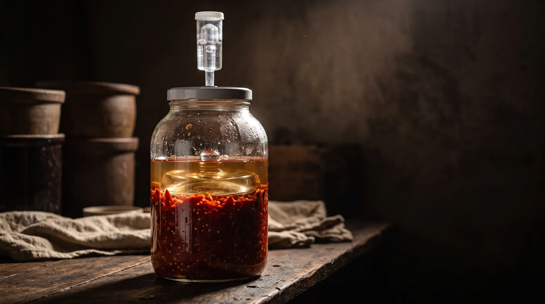 A glass fermentation jar of red chile mash under brine with an airlock