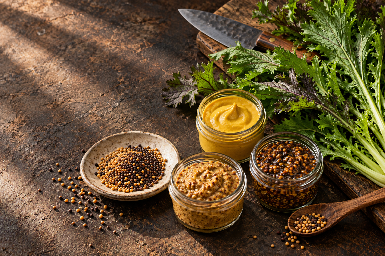 Three jars of homemade mustard with mustard greens and yellow, brown, and black seed