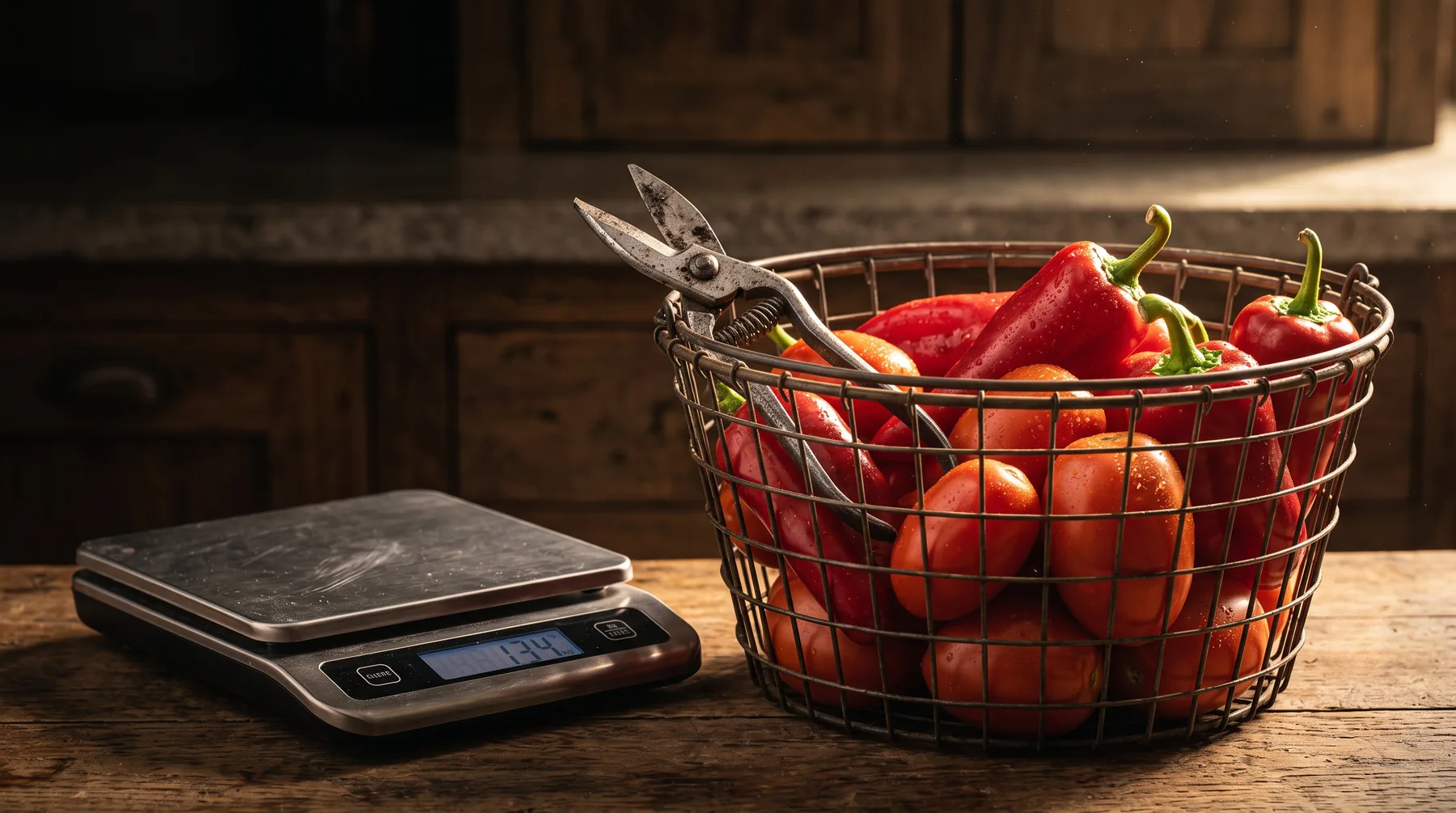 A harvest basket of ripe peppers and paste tomatoes on a kitchen counter
