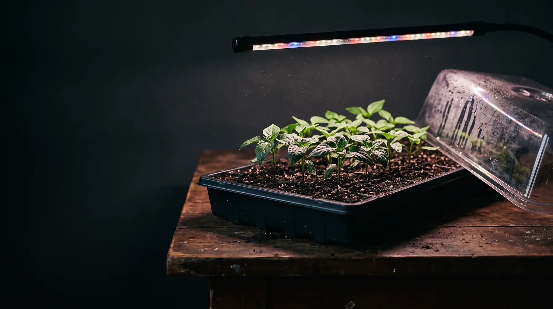 Pepper seedlings under LED strip lights on a heat mat in 1020 trays