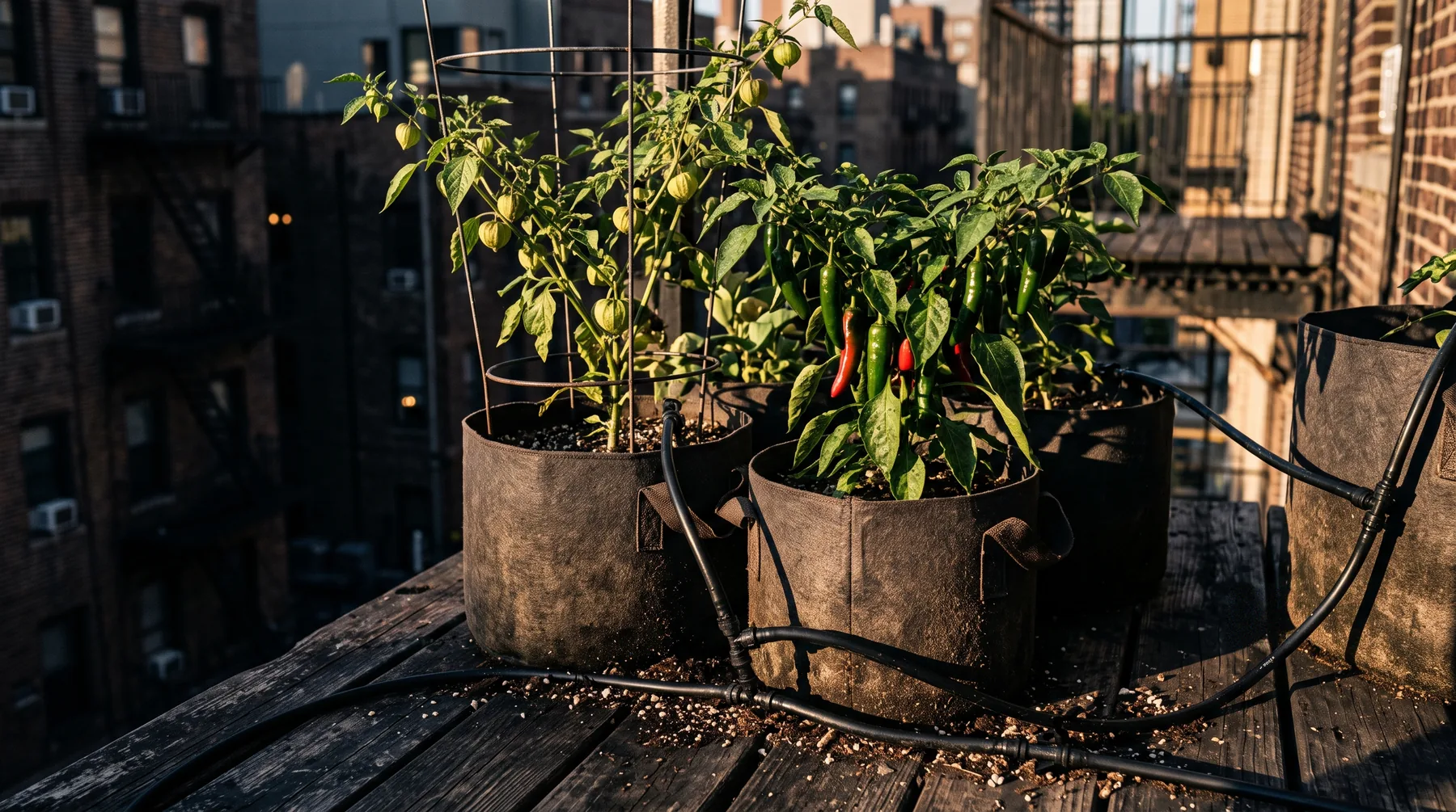 Fabric pots of tomatillo and serrano plants on a sunny balcony