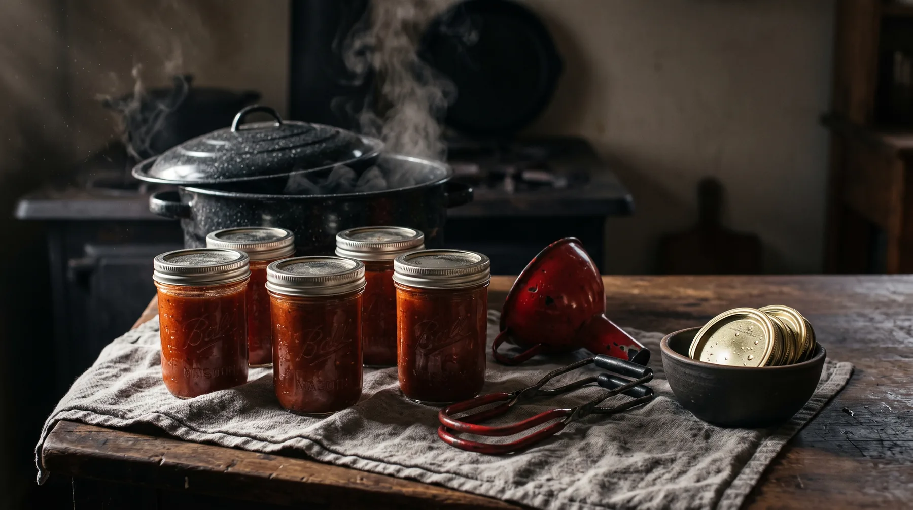 A water bath canner full of jars with canning tools laid out beside it
