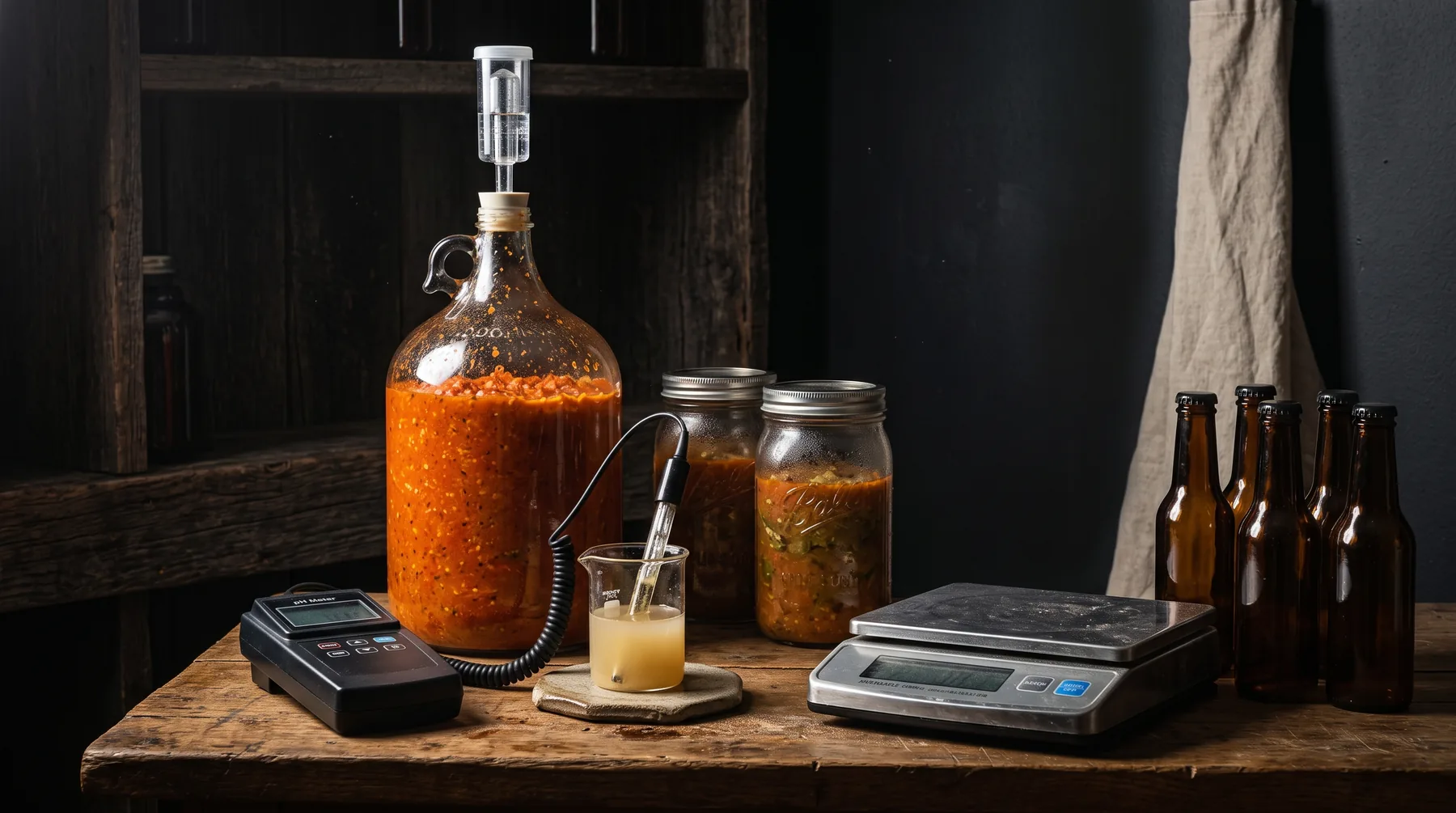 A fermentation bench with airlocked jars, a pH meter, scale and woozy bottles