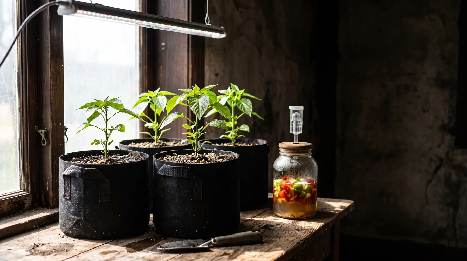 Three pepper plants in fabric pots on a bright windowsill beside a fermentation jar