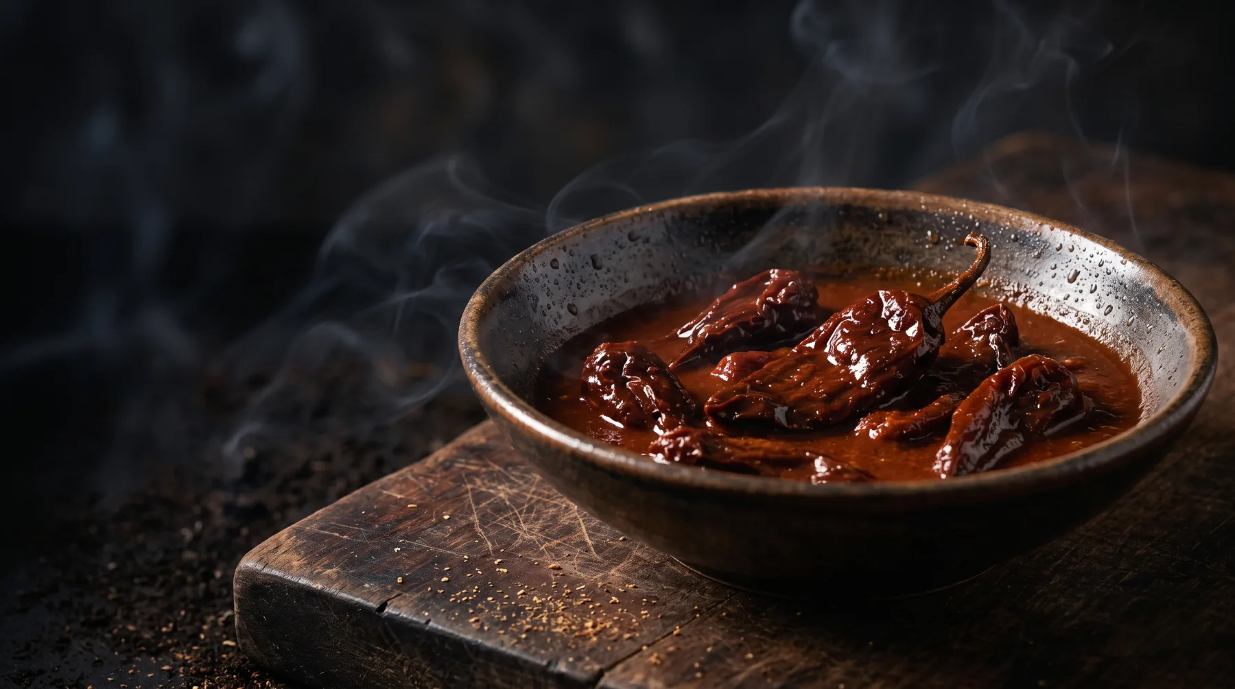 Dark red chipotles in adobo sauce in a shallow bowl
