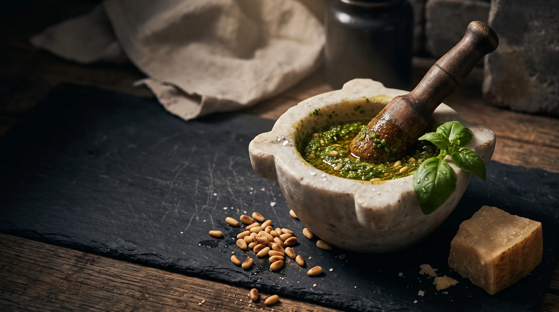 Vivid green basil pesto in a stone mortar with pine nuts and parmesan