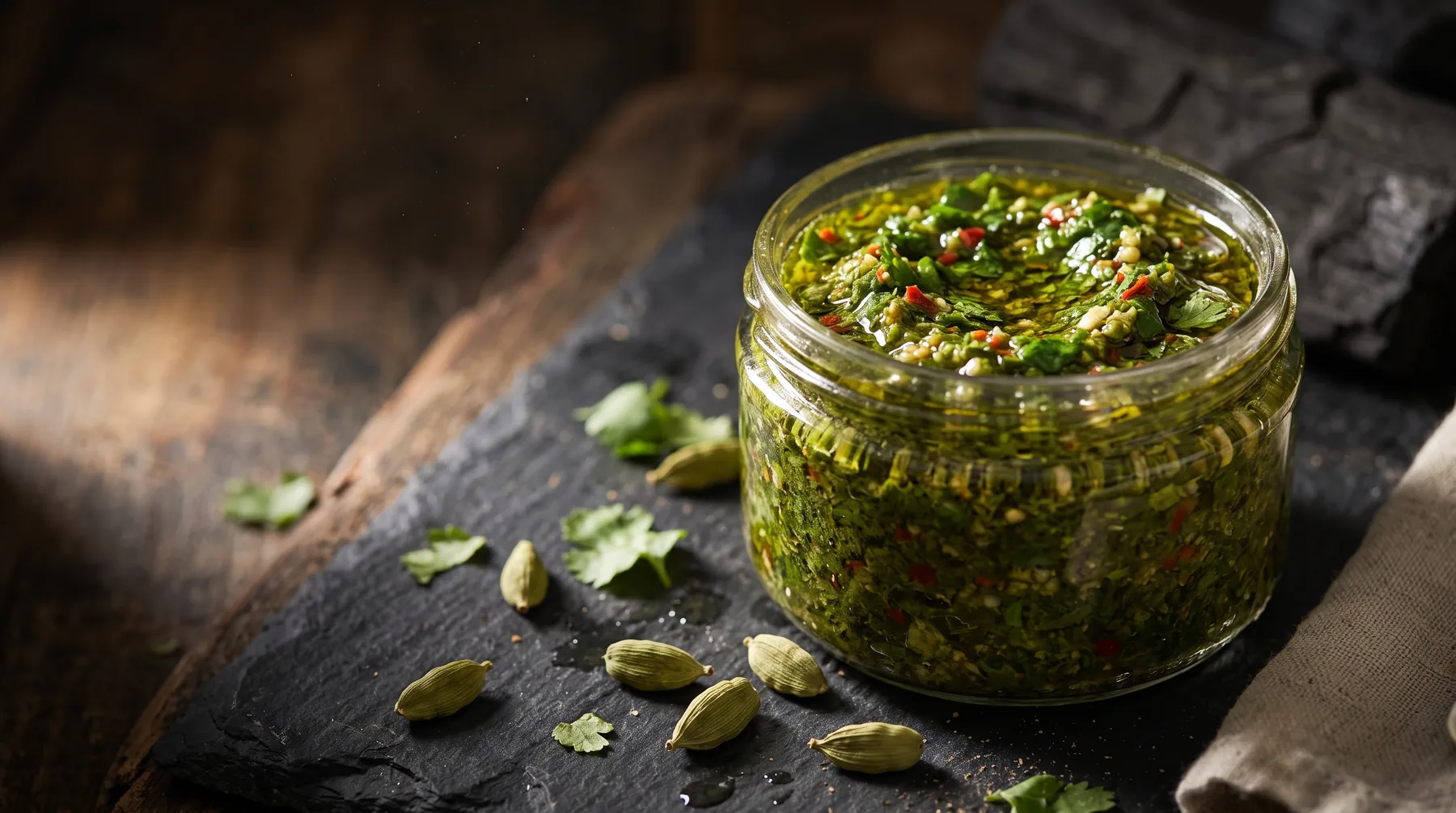 Coarse bright green zhoug with visible cilantro, chile and cardamom