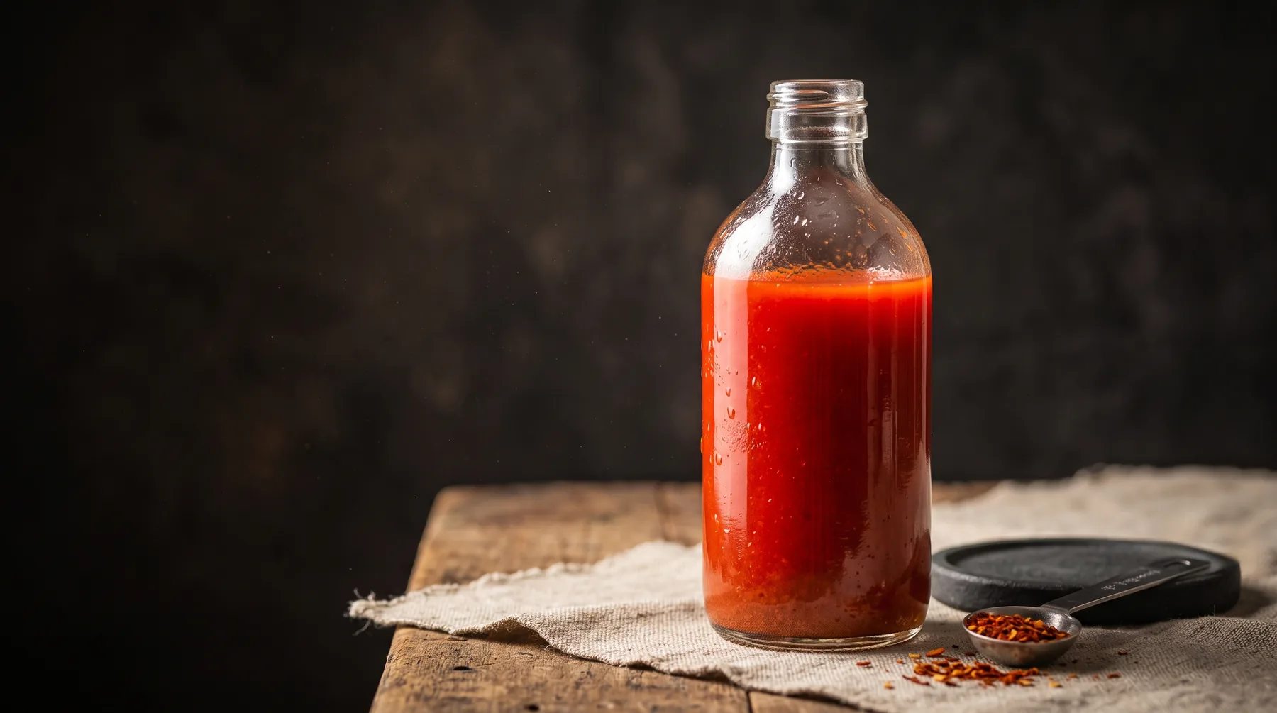 Thin bright red fermented cayenne hot sauce in a glass woozy bottle