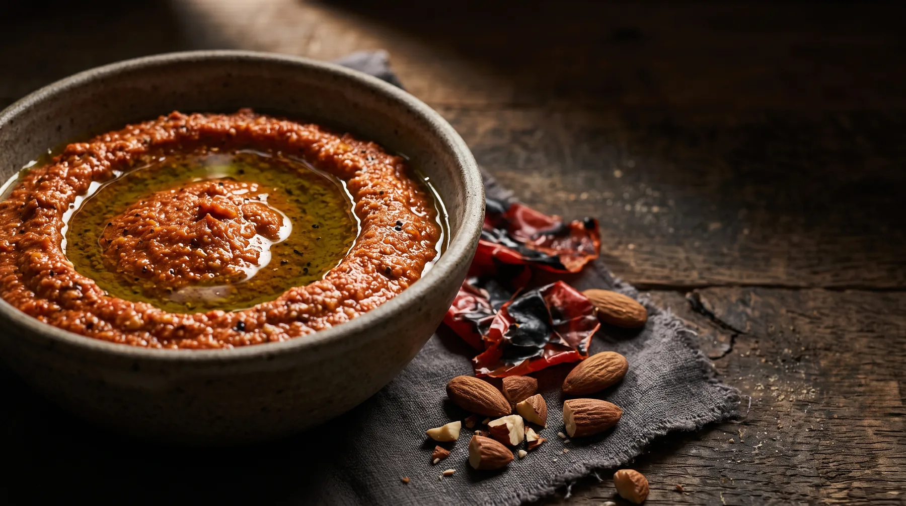 Brick-red romesco sauce with charred red peppers and toasted almonds