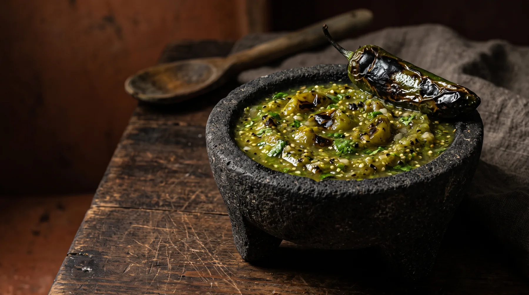 Charred tomatillos and serranos blitzed into a bright green salsa verde